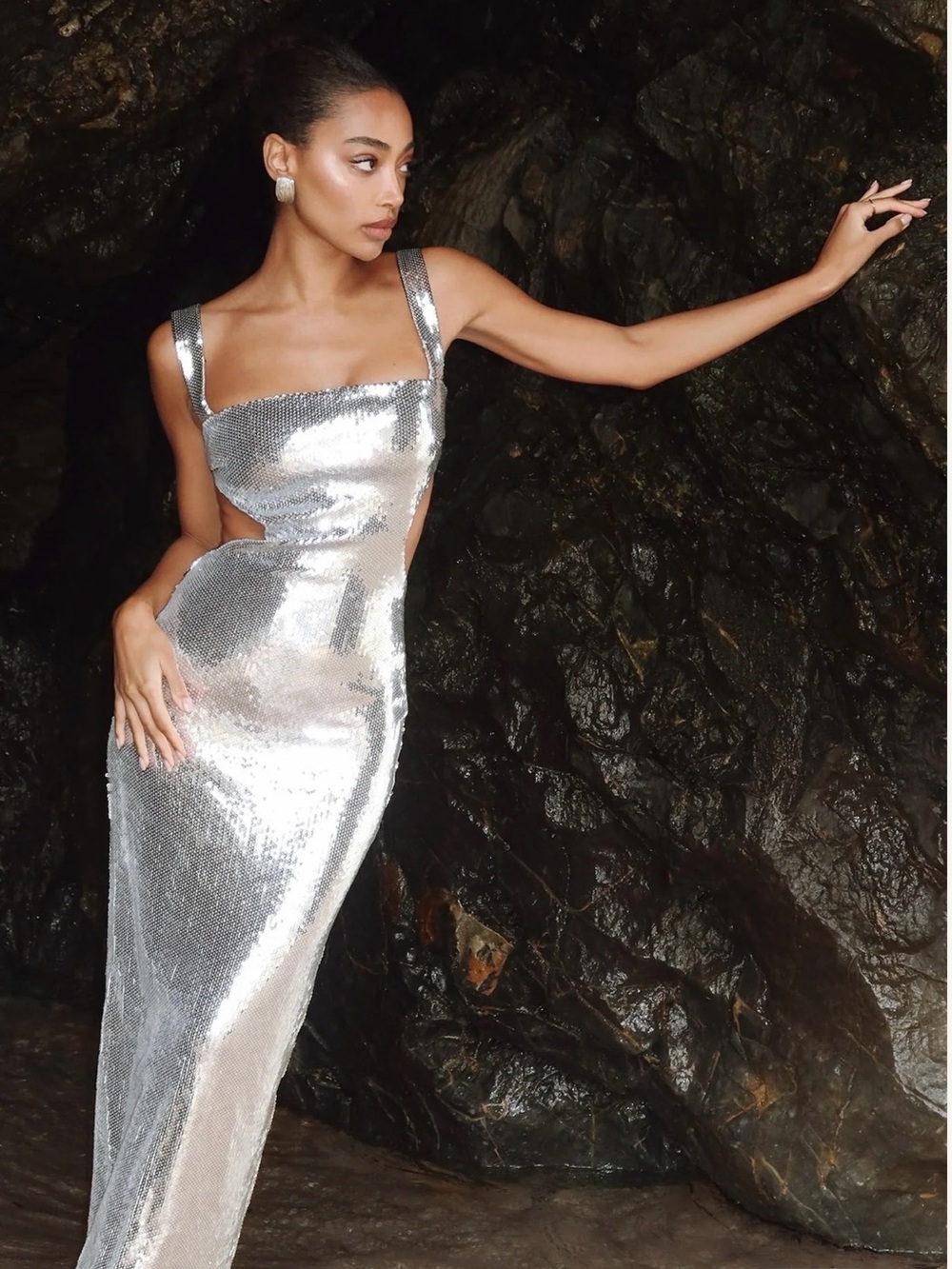 Meshki Silver Sequin Backless Cutout Gown